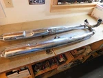 Left & Right Exhaust Pipes, Mufflers - Yamaha 1970 1971 R5B R5C, 1972 DS7. Fixed Price $195.00.