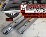 4" Freedom Performance 95-25 Touring & 09-25 Trike Twin Slash Slip On Mufflers. Fixed Price $399.95.